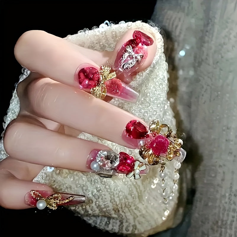 A Set of 24pcs (10 Handmade) New Year Costumes Featuring 3D Heart-Shaped Bows And Artificial Diamonds, Along with Long Stage-Style Wearable Nails, Perfect for Parties, Festivals, And Photoshoots, Including Wearing Tools.